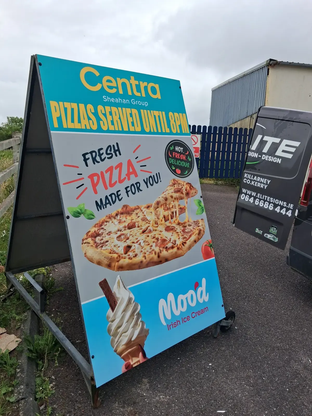 Printed A-board for Centra pizzas outside the workshop