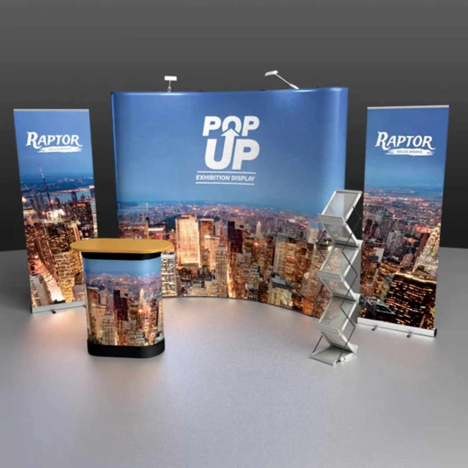 Pop-up exhibition stand with branded counter and leaflet holder