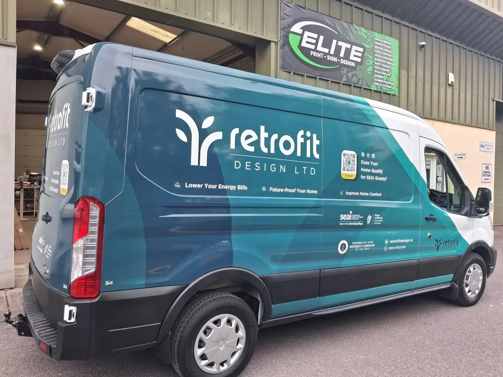 Retrofit Design van wrapped in teal and white by Elite Signs